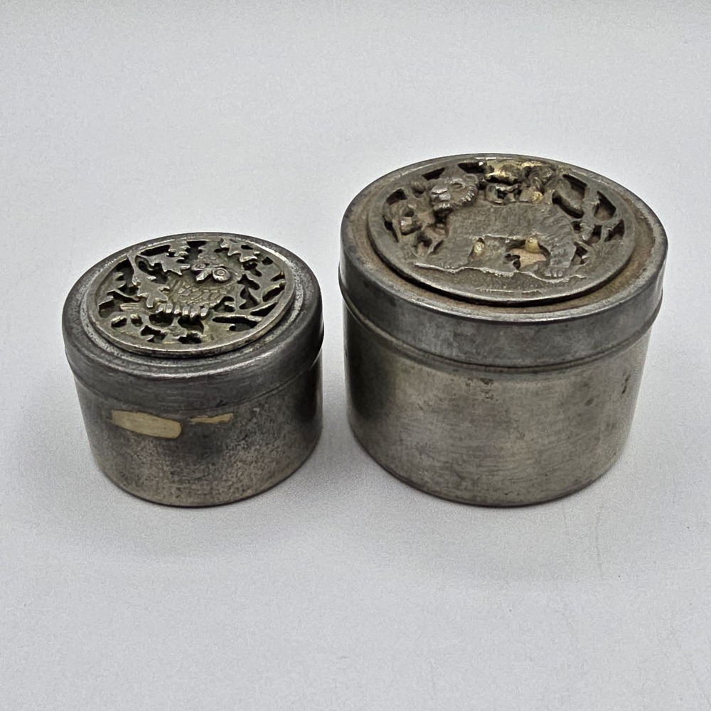1970s Metzke Pewter Round‎ Panther Lioness Owl Tiger Trinket Tin Box Small AS IS - Picture 5 of 13
